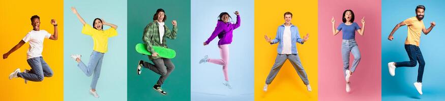 Active energetic young men and women jumping over colorful studio backgrounds photo