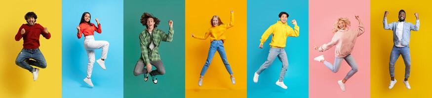 Set Of Photos With Positive Young People Jumping Against Colorful Backgrounds