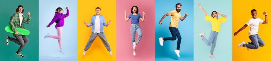 Collage with excited millennial men and women jumping and having fun photo