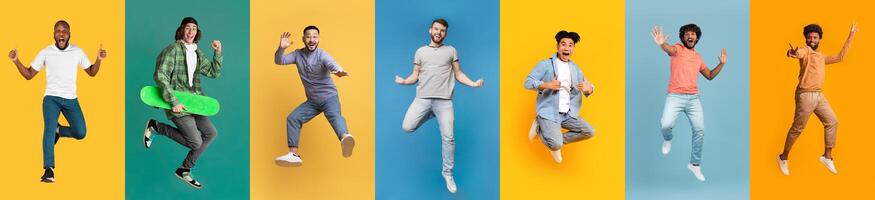 Crazy Fun. Group Of Happy Multiethnic Men Jumping Mid-Air On Colorful Backgrounds photo