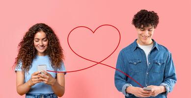 A woman with curly hair in a blue t-shirt texts on her phone and a man in a denim jacket does the same photo