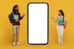 Man and woman presenting with smartphone mockup photo