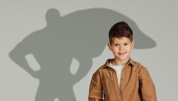 A happy young boy in a brown jacket smiles brightly, standing in front of a gray backdrop with a shadow photo