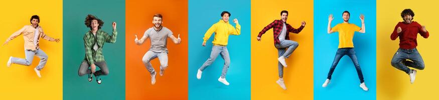 Set of positive multiethnic men jumping over colorful studio backgrounds photo