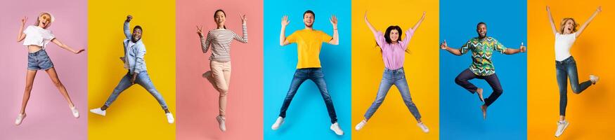 Happy Day. Group Of Cheerful Multiethnic People Jumping On Colorful Backgrounds photo