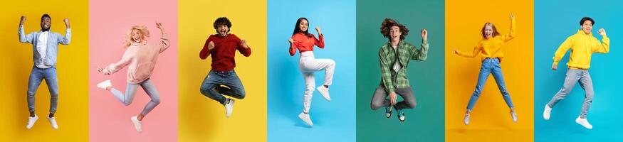 Collage with positive multiracial young people jumping on colorful studio backgrounds photo