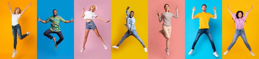 Diverse Overjoyed Young People Jumping On Colorful Backgrounds photo