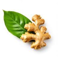 AI generated close up fresh ginger rhizome with sliced and green leaves isolated on white background photo