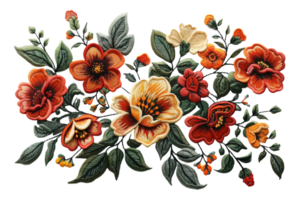 AI generated Exquisite botanical embroidery art with colorful flowers on transparent background - stock png. png