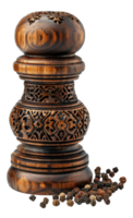 AI generated Wooden pepper grinder with peppercorns on transparent background - stock png. png