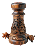 AI generated Ornate carved wooden pepper mill with red peppercorns on transparent background - stock png. png