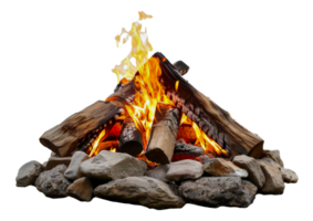 ai generiert einladend Lagerfeuer mit beschwingt Flammen und Protokolle auf transparent Hintergrund - - Lager png. png