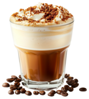 ai gegenereerd gelaagde cappuccino met koffie bonen en cacao Aan transparant achtergrond - voorraad png. png