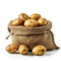 AI generated new potatoes in sackcloth bag isolated on white background photo