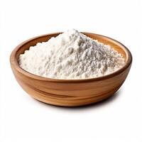 AI generated whole grain wheat flour in bowl isolated on white background photo