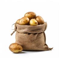 AI generated new potatoes in sackcloth bag isolated on white background photo