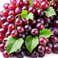 AI generated a bunch of fresh ripe juicy organic red grapes with green leaves isolated on white background photo