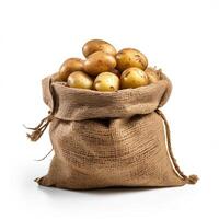 AI generated new potatoes in sackcloth bag isolated on white background photo