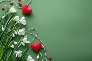 AI generated March holiday greetings with snowdrops and hearts photo