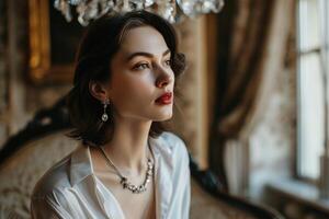 AI generated Elegant, mature business woman with jewelry in light interior. photo