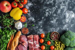 ai generado congelado alimento, verduras, y carne desplegado desde arriba. foto