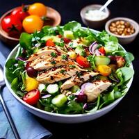 AI generated chicken fillet with salad at white table healthy food keto diet diet lunch concept top view photo