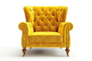 AI generated single yellow upholstered sofa chair on white background photo