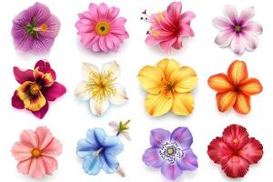 AI generated Set of different beautiful flowers on white background photo