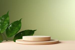 AI generated Minimal modern product display with wood podium and green leaves. photo