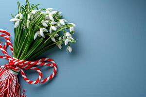 AI generated Spring postcard with snowdrops and tassels photo
