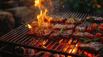 ai generado un al aire libre parilla parrilla como llamas danza alrededor suculento carnes y verduras, evocando el Agua en la boca aroma de A la parrilla manjares en el abierto aire. foto