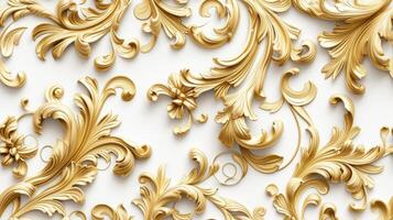 AI Generated a rich golden baroque ornament delicately engraved on a pristine white background, showcasing the intricate details and lavish curves of the design to evoke a sense of photo