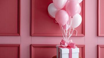 AI Generated a beautifully decorated gift box surrounded by colorful balloons, perfect for birthdays, Mother's Day, weddings, Valentine's Day, or any festive celebration, conveying joy photo