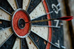 AI generated Dart arrow hitting center of target for business success. photo