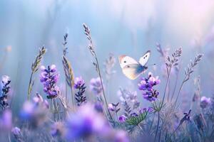 AI generated Delightful wild flower landscape with butterfly. photo