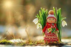 AI generated Spring blossoms with snowdrops and traditional Bulgarian trinket. photo