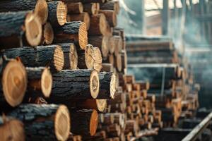 AI generated Timber stacked at lumber mill photo