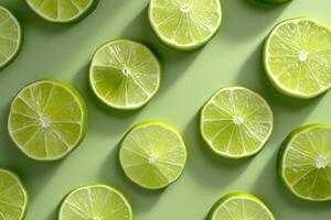 AI generated Colorful lime slices on green background  trendy summer pattern photo