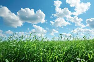 ai generado verde césped campo con azul cielo y blanco nubes foto