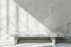 AI generated Marble table with white stucco wall texture background. photo
