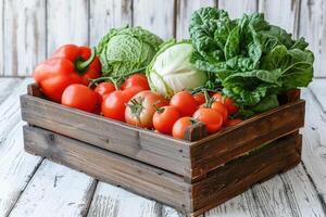 AI generated Fresh Vegetables in wooden box on white wooden background photo