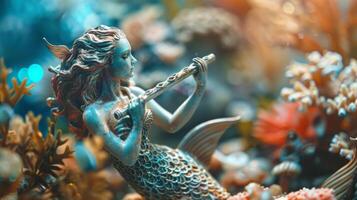 AI generated An enchanting mermaid figurine plays a flute amidst the vivid marine life of an aquarium, creating a whimsical underwater scene photo