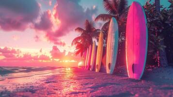 ai generado puesta de sol resplandor en tablas de surf por el tropical apuntalar foto