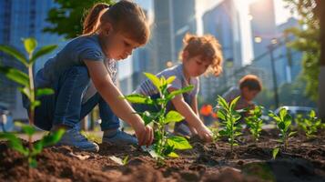 ai generado niños participativo en urbano árbol plantando foto