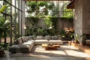 AI generated Modern Living Room with Indoor Greenery and Natural Light photo