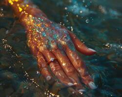 AI generated A hand adorned with colorful glitter submerged in clear water, catching the sunlight and sparkling beautifully photo