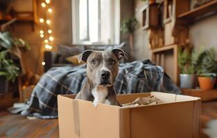 ai generado el perro sentado en un caja en el medio de un habitación. alta resolución. ai generativo foto