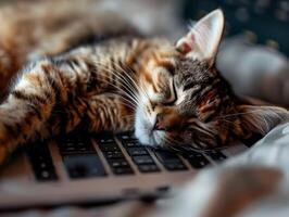 ai generado gato dormido en el ordenador portátil teclado. alto calidad. ai generativo foto