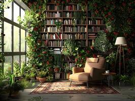 ai generado un acogedor habitación con dos paredes de libros arriba y Sillón y un enorme ventana. alto calidad. ai generativo foto