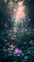 AI generated Purple butterflies fly on a background of green and purple plants. High-resolution. AI Generative photo